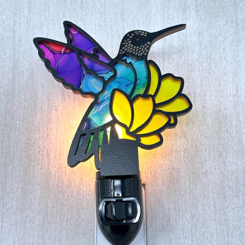 Hummingbird‎ Night Light Plug In Stained Glass Style Flower Nature Decor